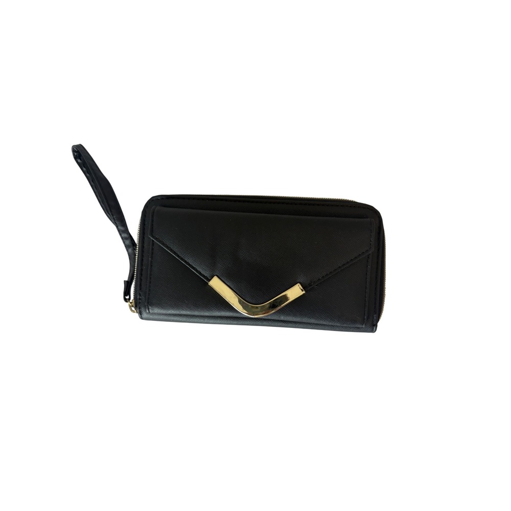 Black Saffiano Wristlet Wallet Zip Around Envelope Pocket Gold V Hardware